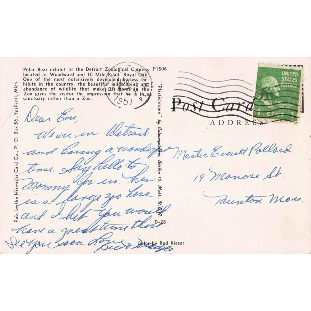 Vintage 1951 Detroit Zoo Polar Bear Exhibit Postcard Royal Oak Michigan P1506 - Picture 2 of 2